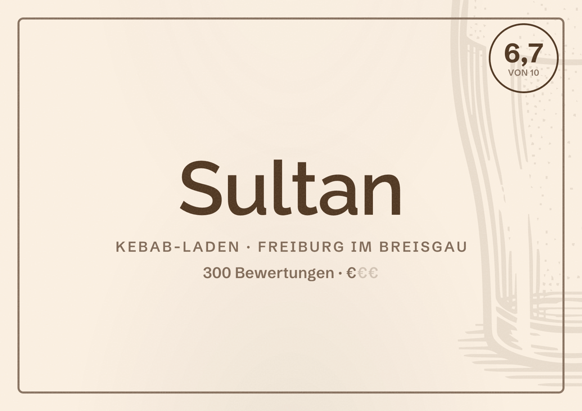 Illustriertes Poster von Sultan, Kebab-Laden in Freiburg im Breisgau: Bewertung 6,7 von 10 aus 300 Bewertungen, Preisniveau €