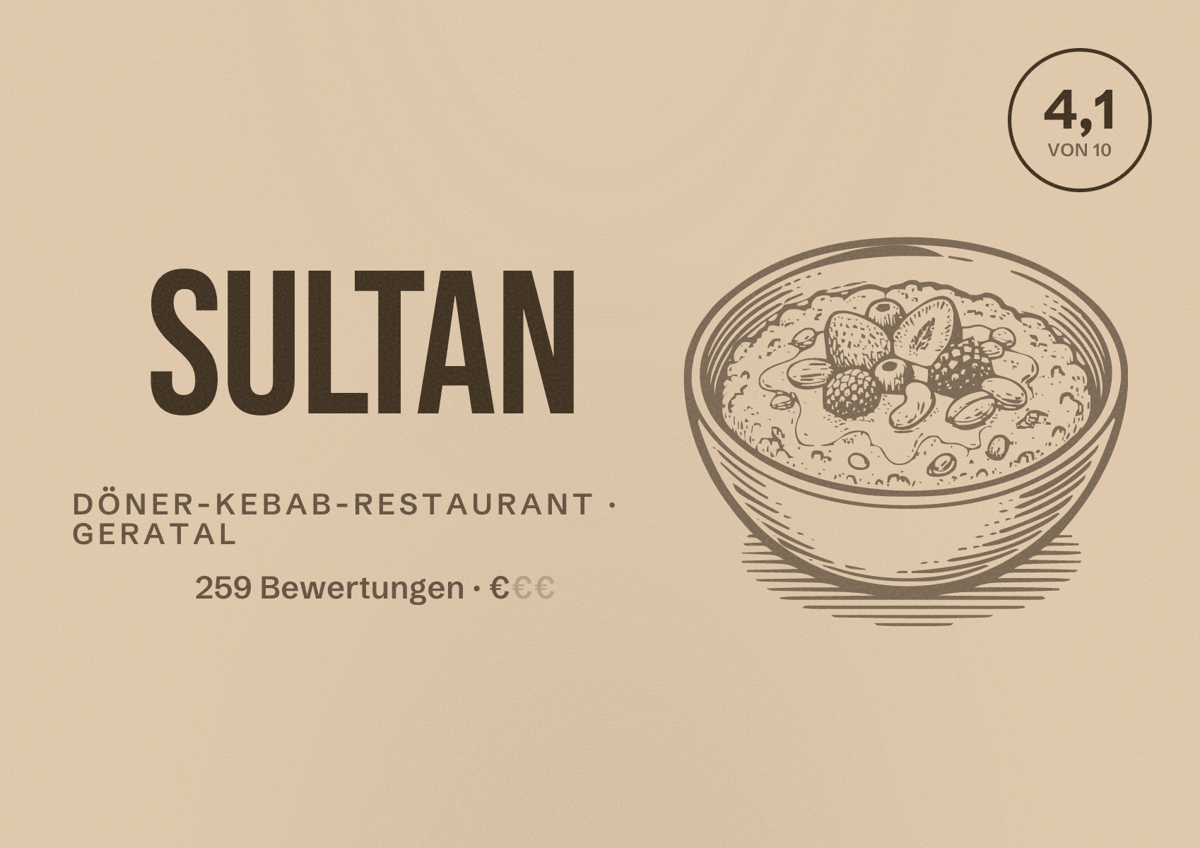 Illustriertes Poster von Sultan, Döner-Kebab-Restaurant in Geratal: Bewertung 4,1 von 10 aus 259 Bewertungen, Preisniveau €