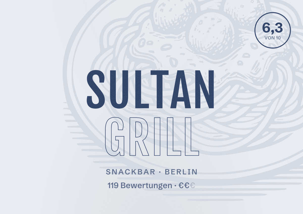 Illustriertes Poster von Sultan grill, Snackbar in Berlin: Bewertung 6,3 von 10 aus 119 Bewertungen, Preisniveau €€