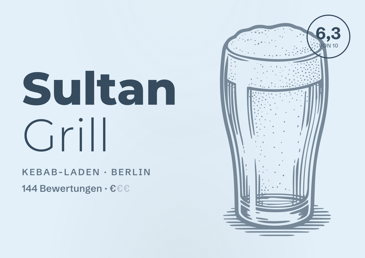 Illustriertes Poster von Sultan Grill, Kebab-Laden in Berlin: Bewertung 6,3 von 10 aus 144 Bewertungen, Preisniveau €