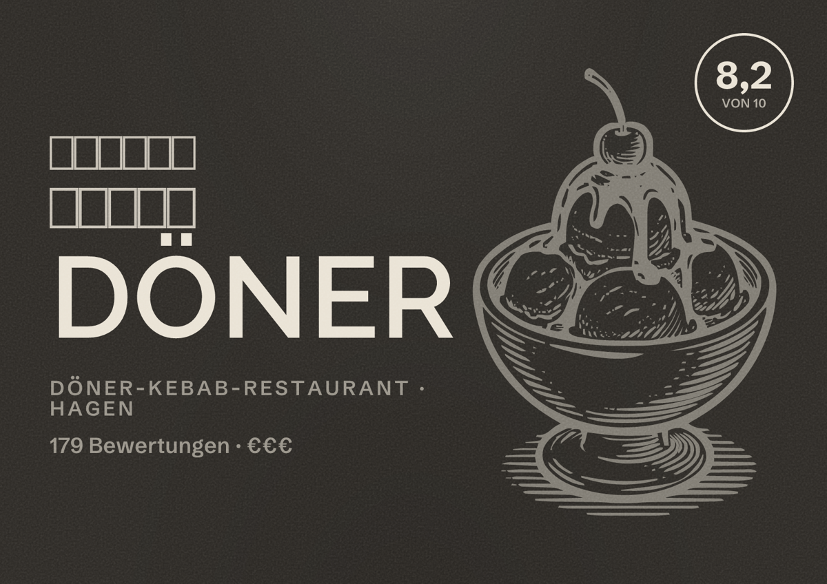 Illustriertes Poster von 𝙎𝙪𝙡𝙩𝙖𝙣 𝙂𝙧𝙞𝙡𝙡 Döner, Döner-Kebab-Restaurant in Hagen: Bewertung 8,2 von 10 aus 179 Bewertungen, Preisniveau €€€