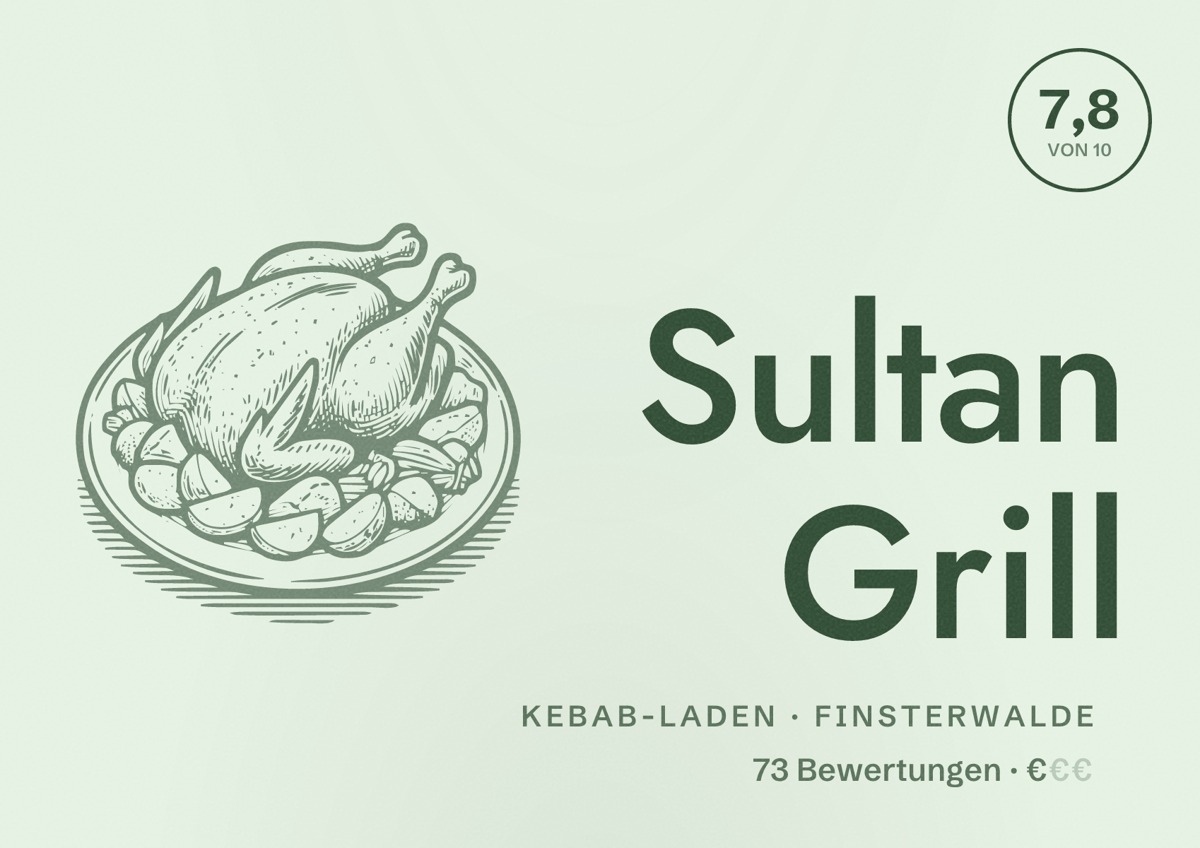 Illustriertes Poster von Sultan Grill, Kebab-Laden in Finsterwalde: Bewertung 7,8 von 10 aus 73 Bewertungen, Preisniveau €