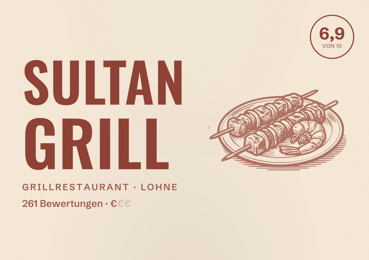 Illustriertes Poster von Sultan Grill, Grillrestaurant in Lohne: Bewertung 6,9 von 10 aus 261 Bewertungen, Preisniveau €