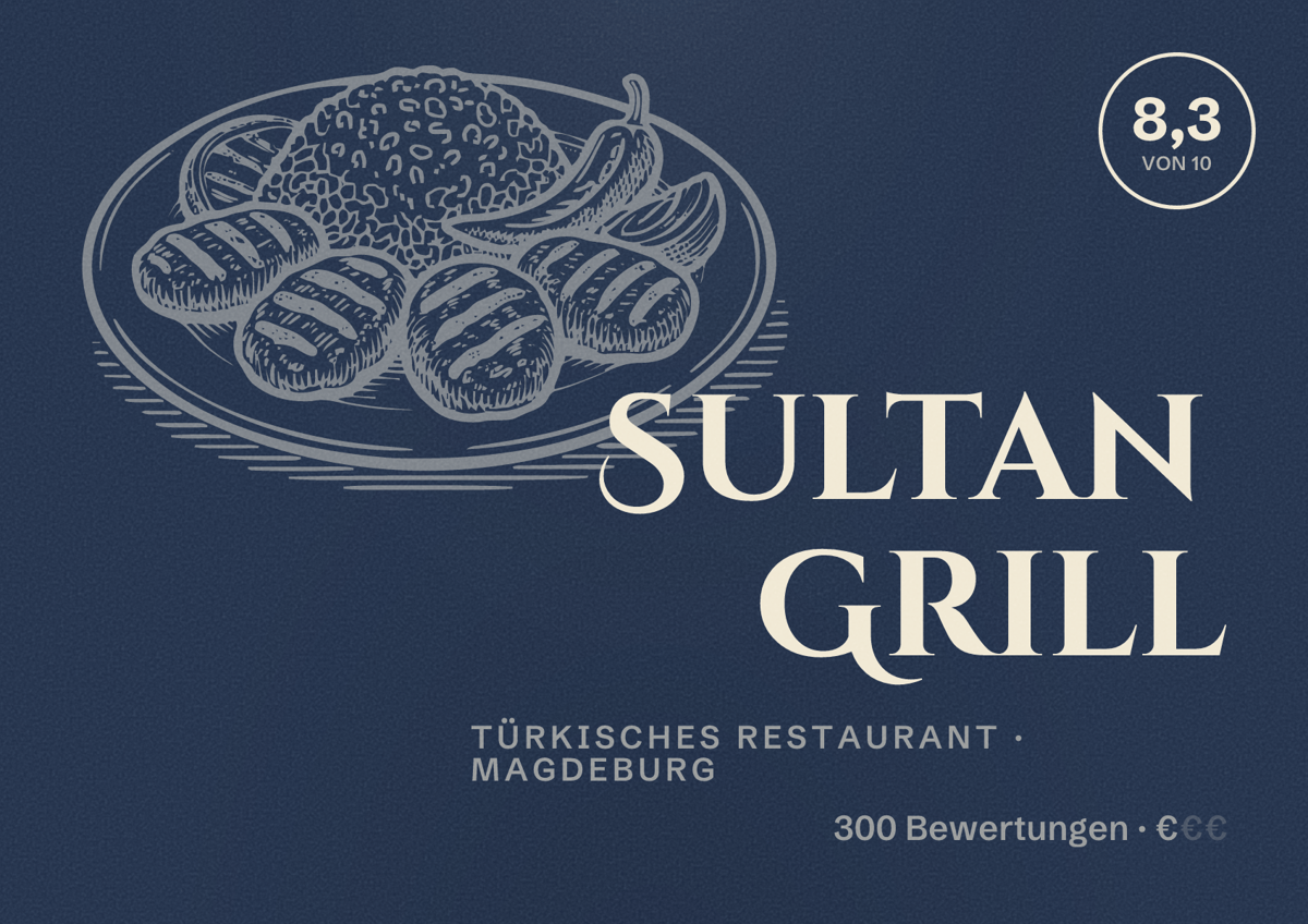 Illustriertes Poster von Sultan Grill, Türkisches Restaurant in Magdeburg: Bewertung 8,3 von 10 aus 300 Bewertungen, Preisniveau €