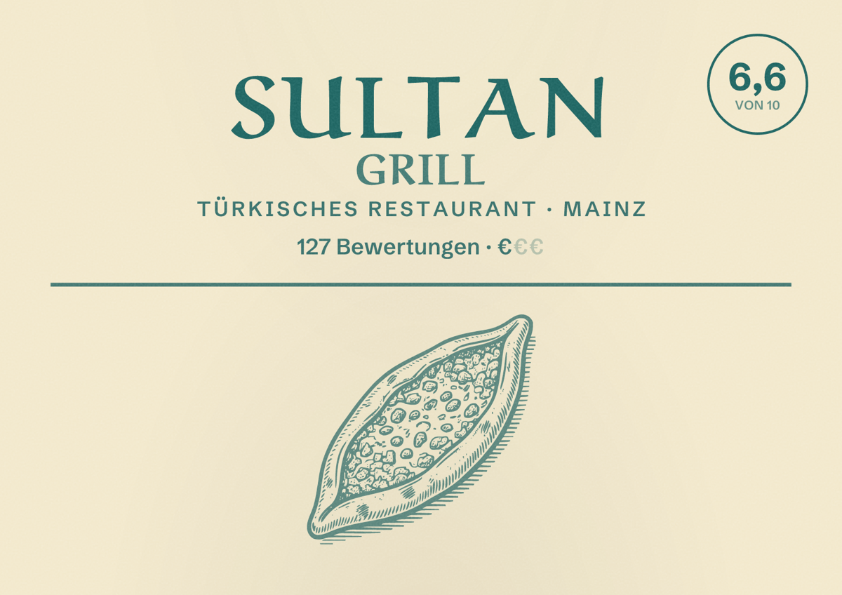 Illustriertes Poster von Sultan Grill, Türkisches Restaurant in Mainz: Bewertung 6,6 von 10 aus 127 Bewertungen, Preisniveau €