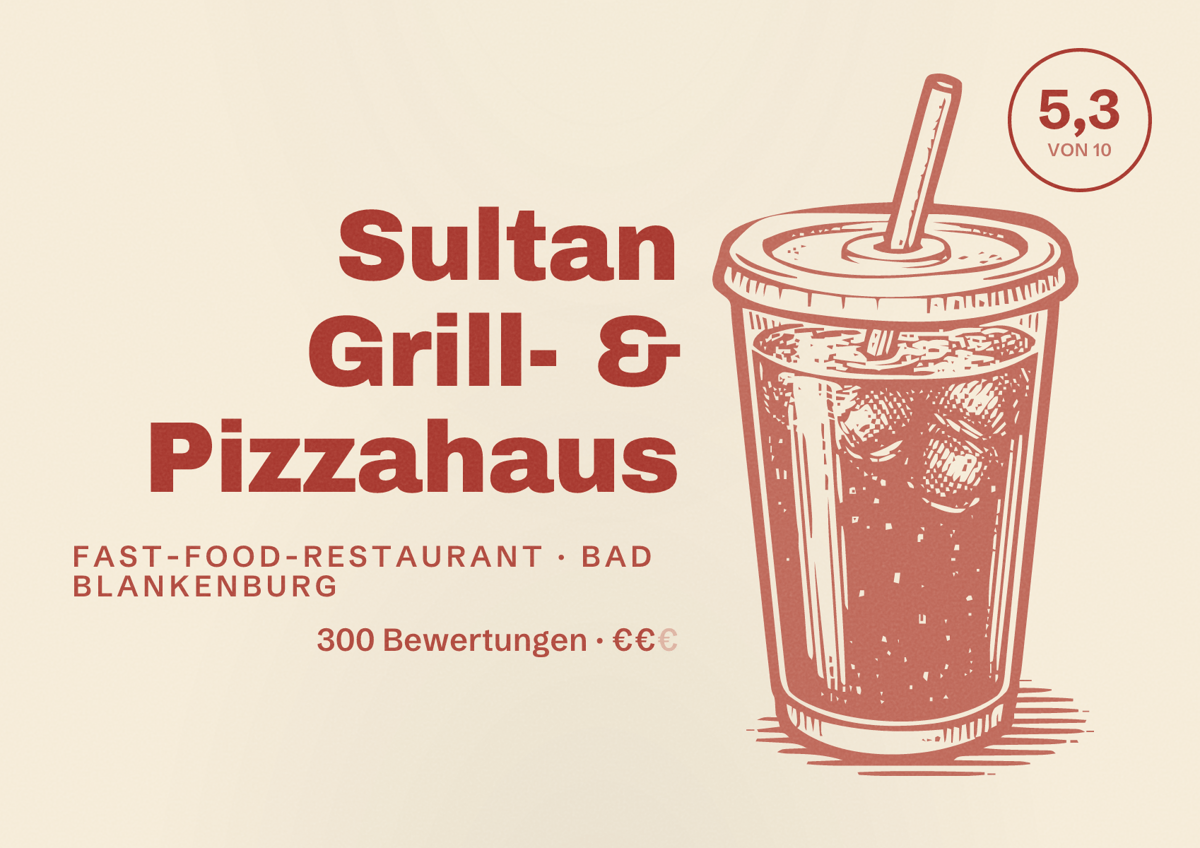 Illustriertes Poster von Sultan Grill- & Pizzahaus, Fast-Food-Restaurant in Bad Blankenburg: Bewertung 5,3 von 10 aus 300 Bewertungen, Preisniveau €€