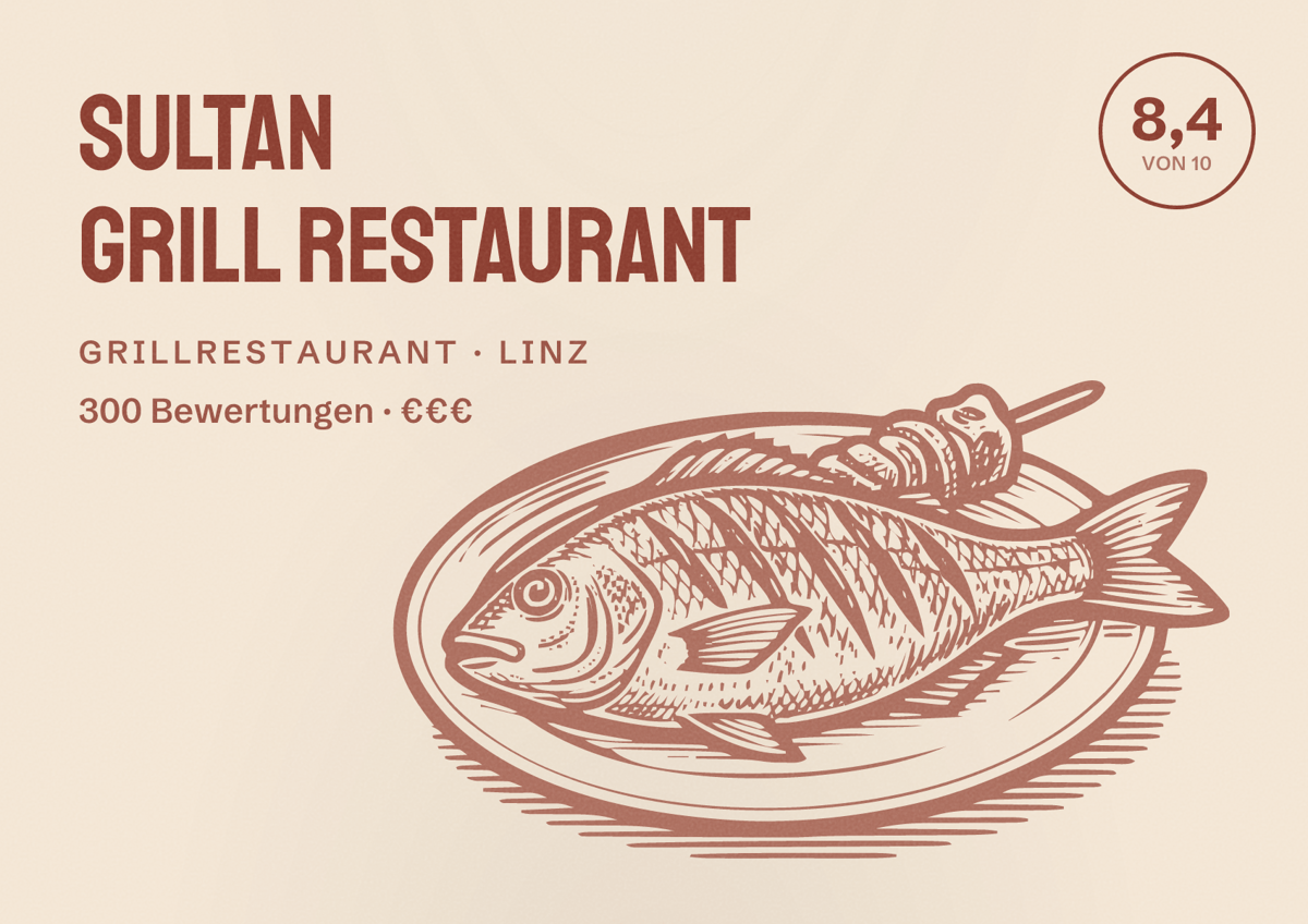 Illustriertes Poster von Sultan Grill Restaurant, Grillrestaurant in Linz: Bewertung 8,4 von 10 aus 300 Bewertungen, Preisniveau €€€
