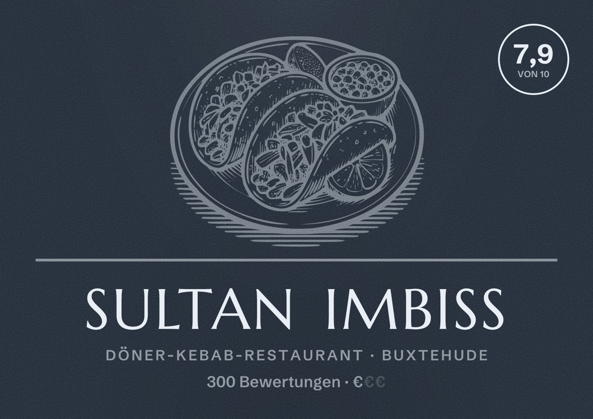 Illustriertes Poster von Sultan Imbiss, Döner-Kebab-Restaurant in Buxtehude: Bewertung 7,9 von 10 aus 300 Bewertungen, Preisniveau €