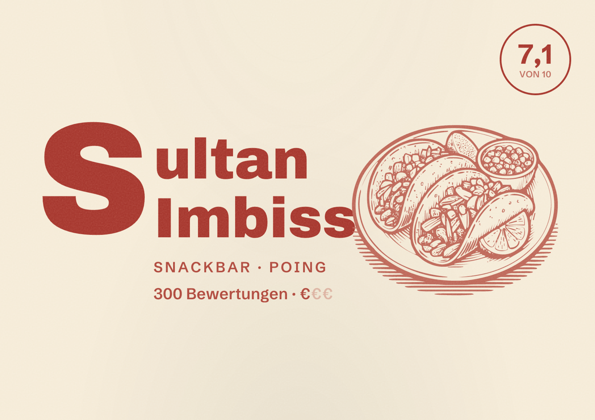 Illustriertes Poster von Sultan Imbiss, Snackbar in Poing: Bewertung 7,1 von 10 aus 300 Bewertungen, Preisniveau €
