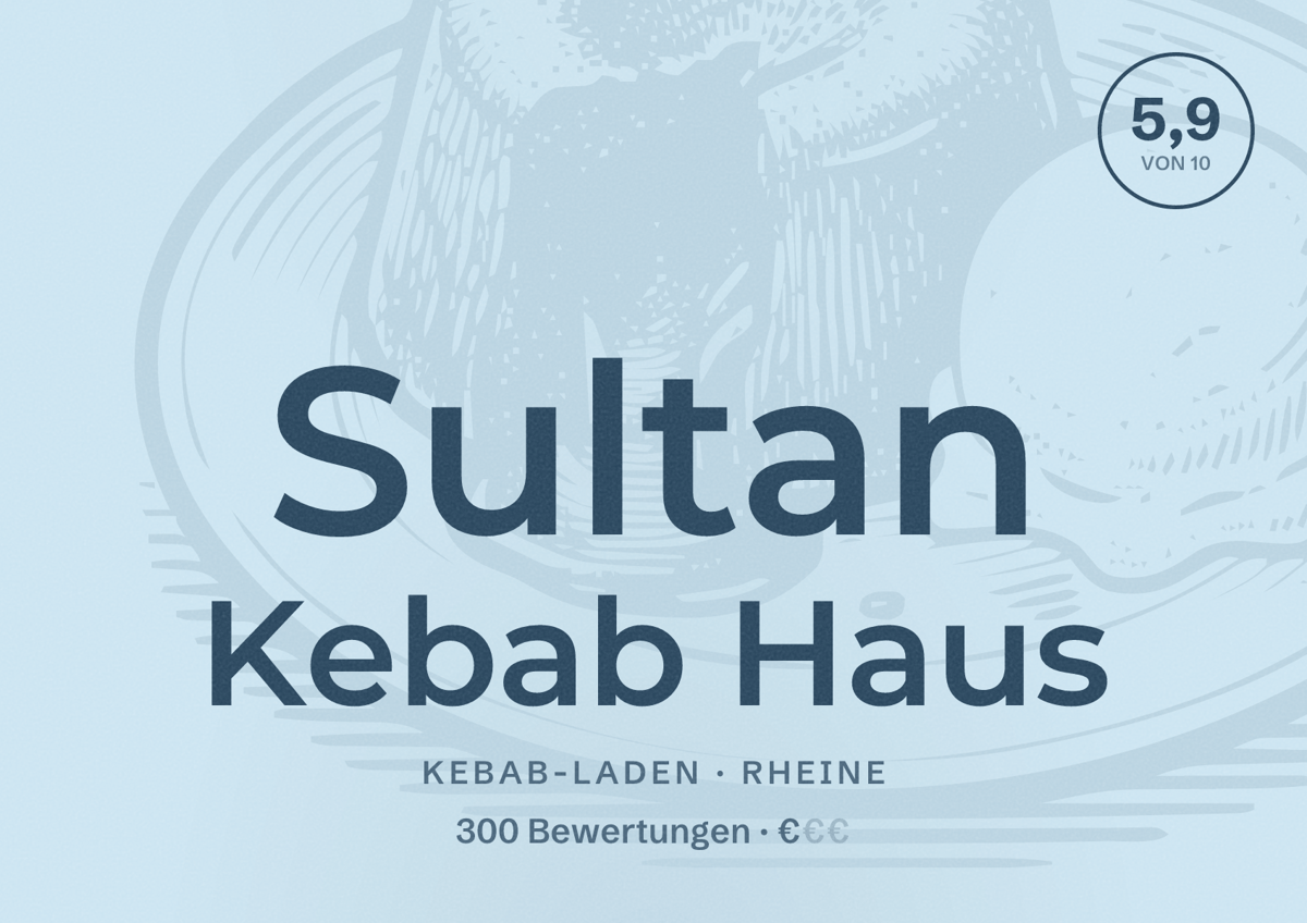 Illustriertes Poster von Sultan Kebab Haus, Kebab-Laden in Rheine: Bewertung 5,9 von 10 aus 300 Bewertungen, Preisniveau €