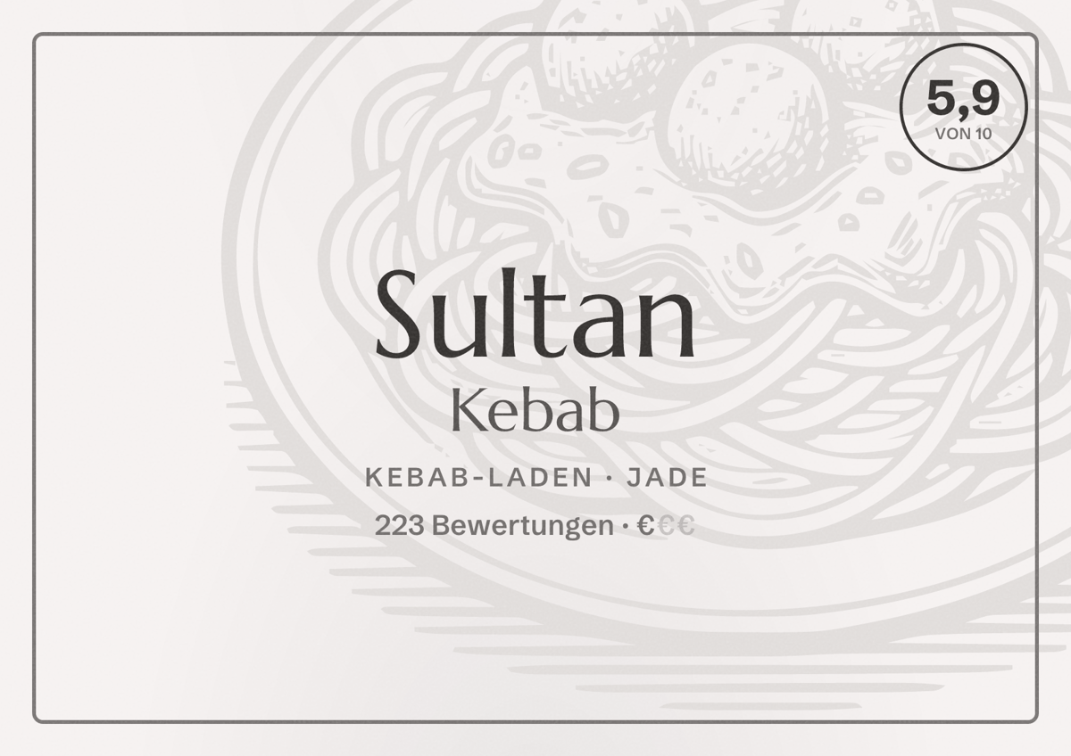 Illustriertes Poster von Sultan Kebab, Kebab-Laden in Jade: Bewertung 5,9 von 10 aus 223 Bewertungen, Preisniveau €