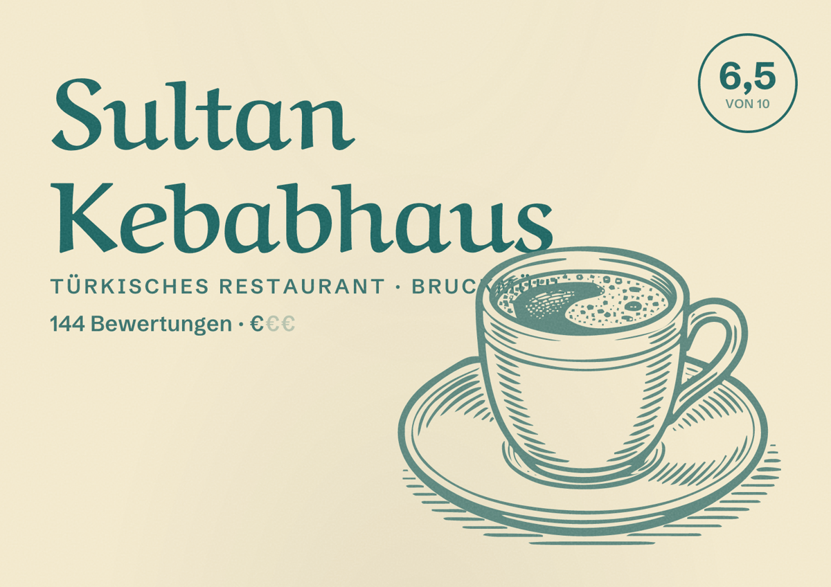 Illustriertes Poster von Sultan Kebabhaus, Türkisches Restaurant in Bruckmühl: Bewertung 6,5 von 10 aus 144 Bewertungen, Preisniveau €