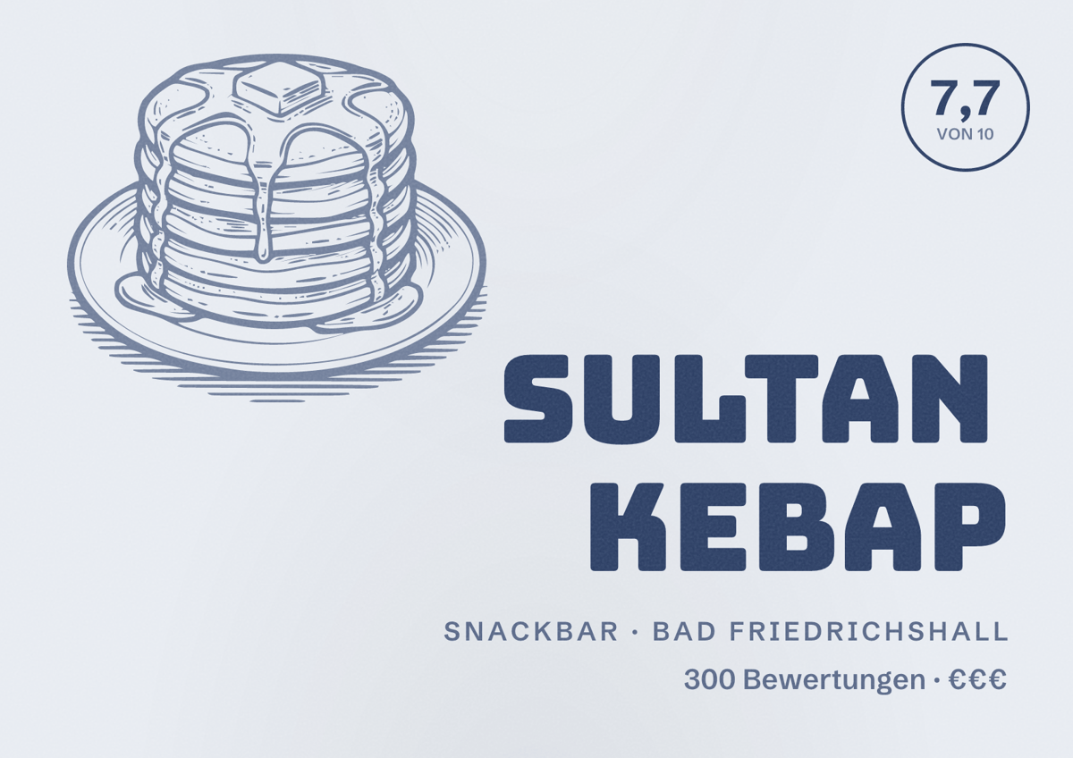 Illustriertes Poster von Sultan Kebap, Snackbar in Bad Friedrichshall: Bewertung 7,7 von 10 aus 300 Bewertungen, Preisniveau €€€
