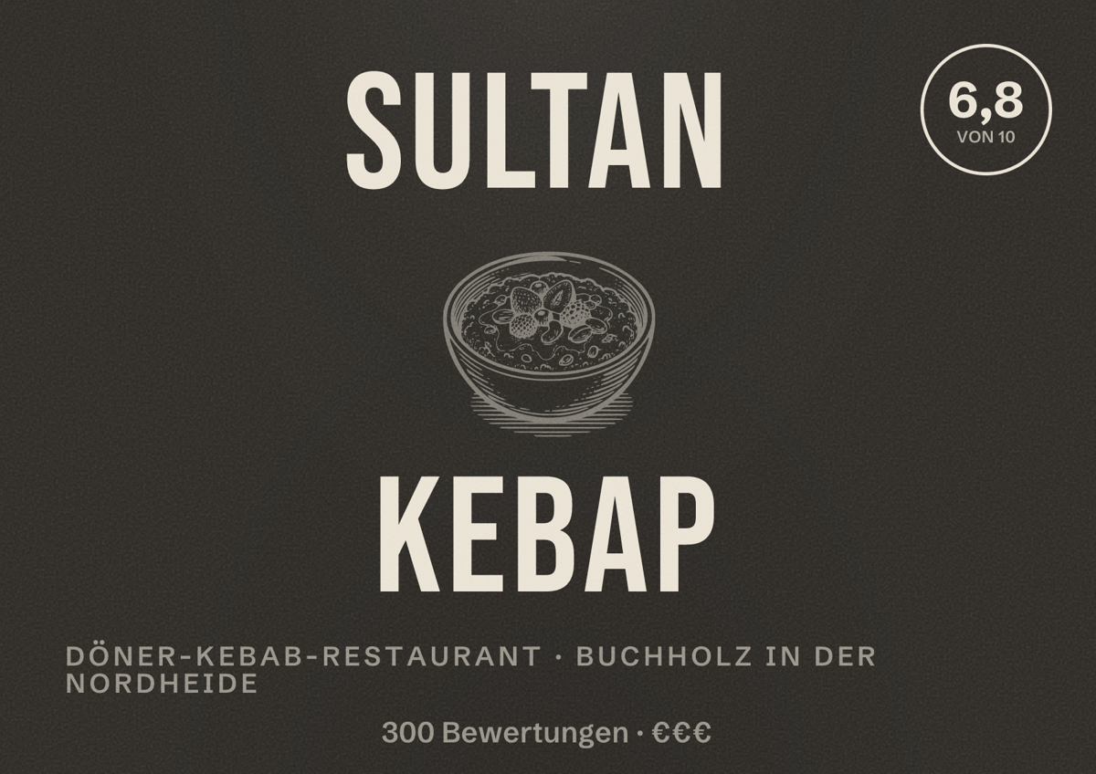 Illustriertes Poster von Sultan Kebap, Döner-Kebab-Restaurant in Buchholz in der Nordheide: Bewertung 6,8 von 10 aus 300 Bewertungen, Preisniveau €€€