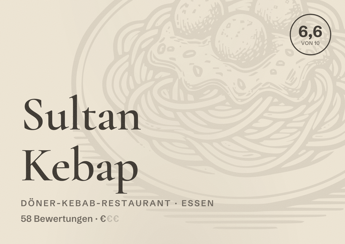 Illustriertes Poster von Sultan Kebap, Döner-Kebab-Restaurant in Essen: Bewertung 6,6 von 10 aus 58 Bewertungen, Preisniveau €