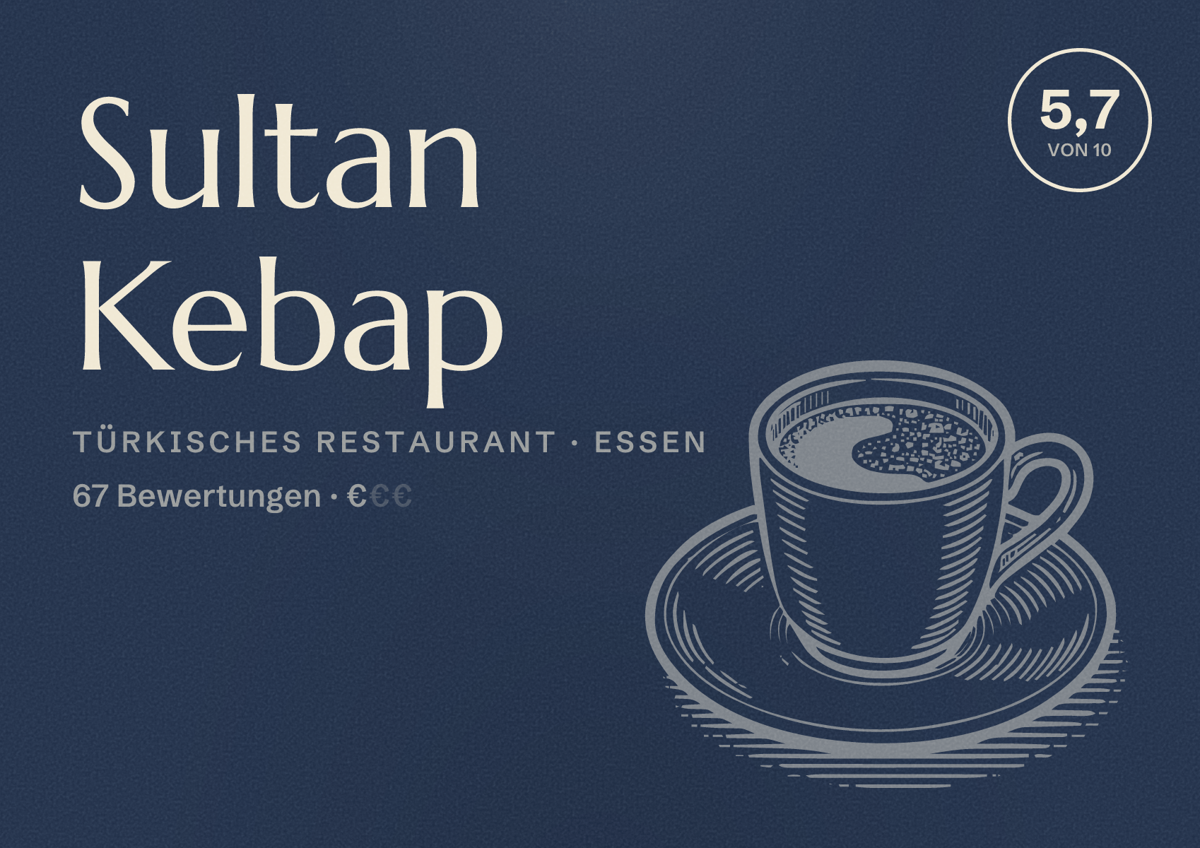 Illustriertes Poster von Sultan Kebap, Türkisches Restaurant in Essen: Bewertung 5,7 von 10 aus 67 Bewertungen, Preisniveau €