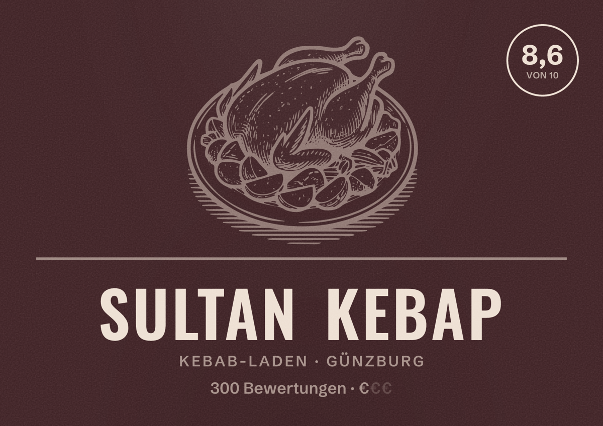 Illustriertes Poster von Sultan Kebap, Kebab-Laden in Günzburg: Bewertung 8,6 von 10 aus 300 Bewertungen, Preisniveau €