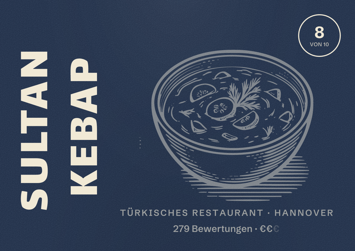 Illustriertes Poster von Sultan Kebap, Türkisches Restaurant in Hannover: Bewertung 8,0 von 10 aus 279 Bewertungen, Preisniveau €€