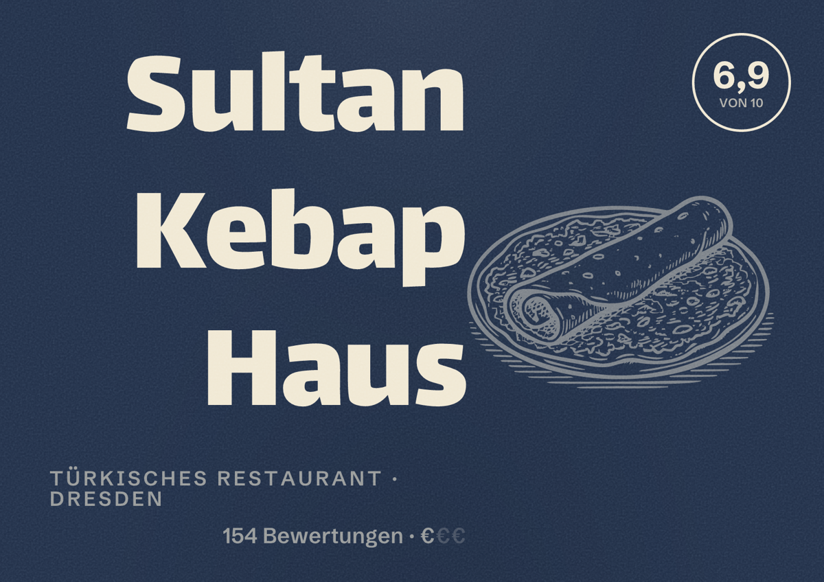 Illustriertes Poster von Sultan Kebap Haus, Türkisches Restaurant in Dresden: Bewertung 6,9 von 10 aus 154 Bewertungen, Preisniveau €