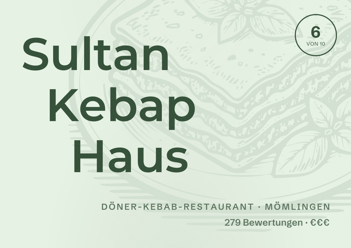 Illustriertes Poster von Sultan Kebap Haus, Döner-Kebab-Restaurant in Mömlingen: Bewertung 6 von 10 aus 279 Bewertungen, Preisniveau €€€