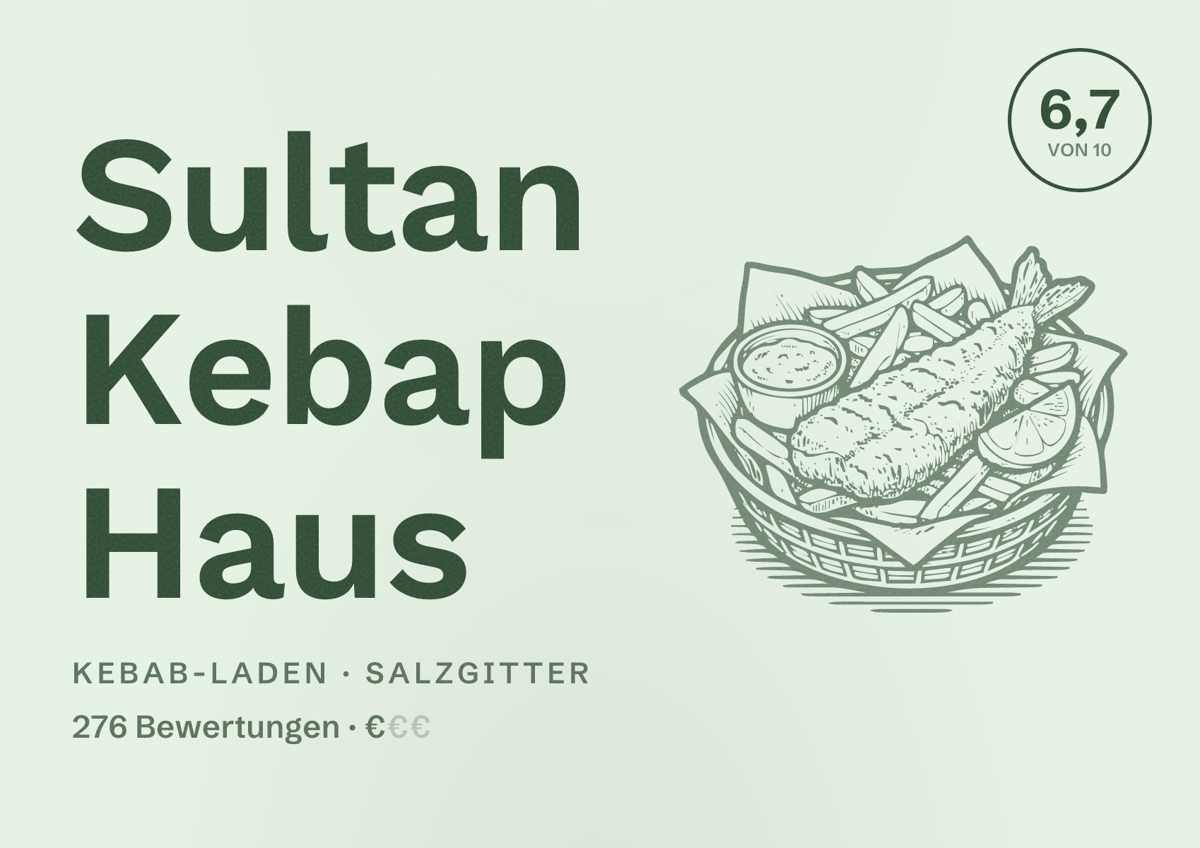 Illustriertes Poster von Sultan Kebap Haus, Kebab-Laden in Salzgitter: Bewertung 6,7 von 10 aus 276 Bewertungen, Preisniveau €
