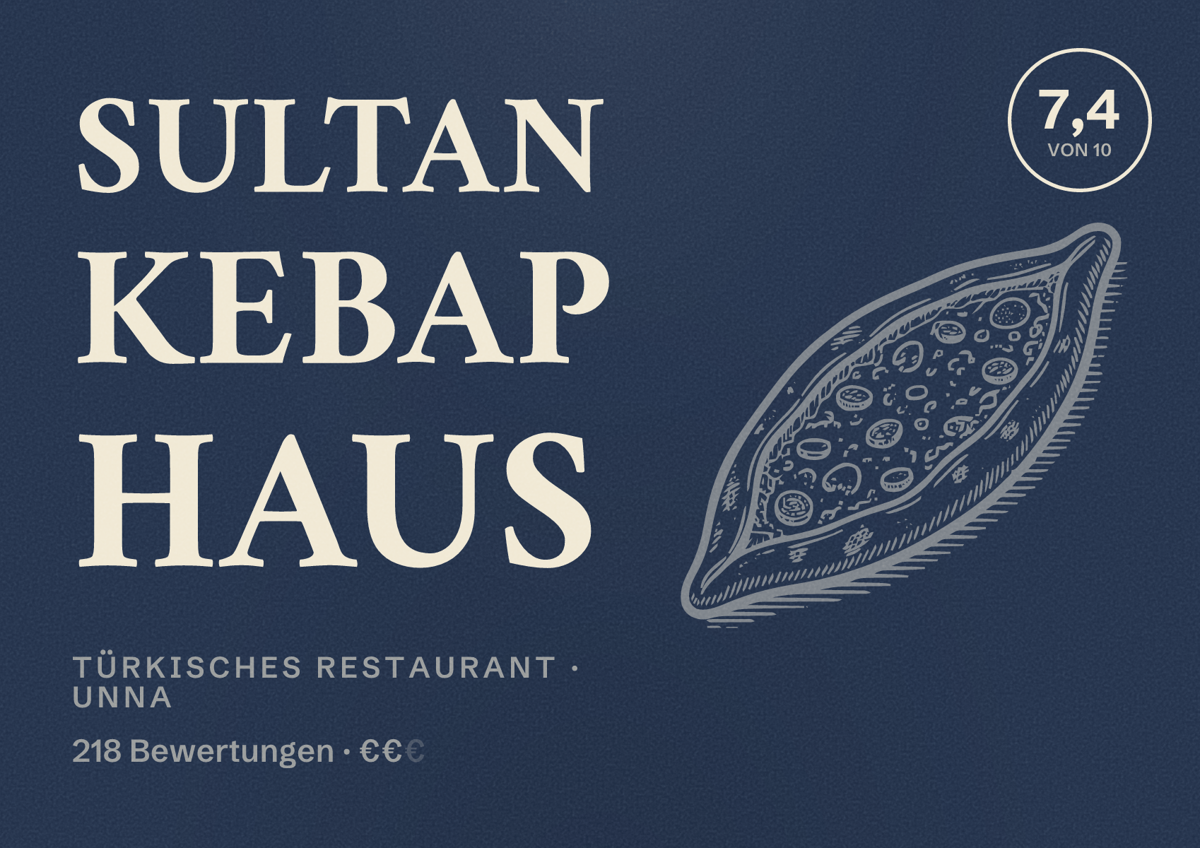 Illustriertes Poster von Sultan Kebap Haus, Türkisches Restaurant in Unna: Bewertung 7,4 von 10 aus 218 Bewertungen, Preisniveau €€