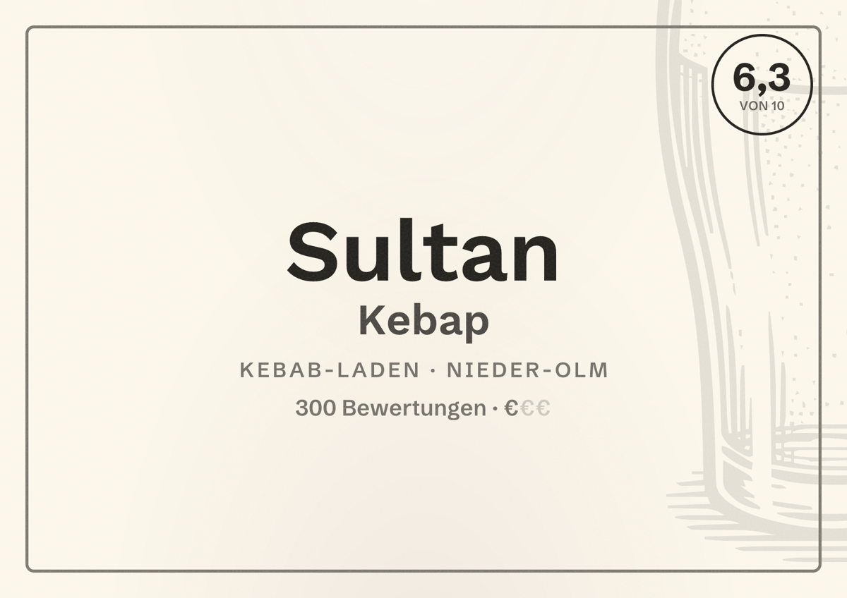 Illustriertes Poster von Sultan Kebap, Kebab-Laden in Nieder-Olm: Bewertung 6,3 von 10 aus 300 Bewertungen, Preisniveau €