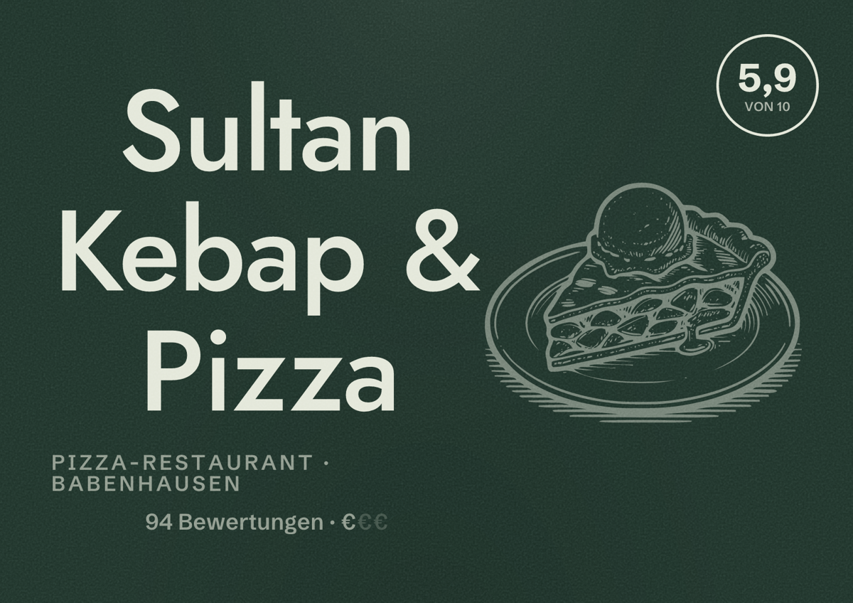 Illustriertes Poster von Sultan Kebap & Pizza, Pizza-Restaurant in Babenhausen: Bewertung 5,9 von 10 aus 94 Bewertungen, Preisniveau €