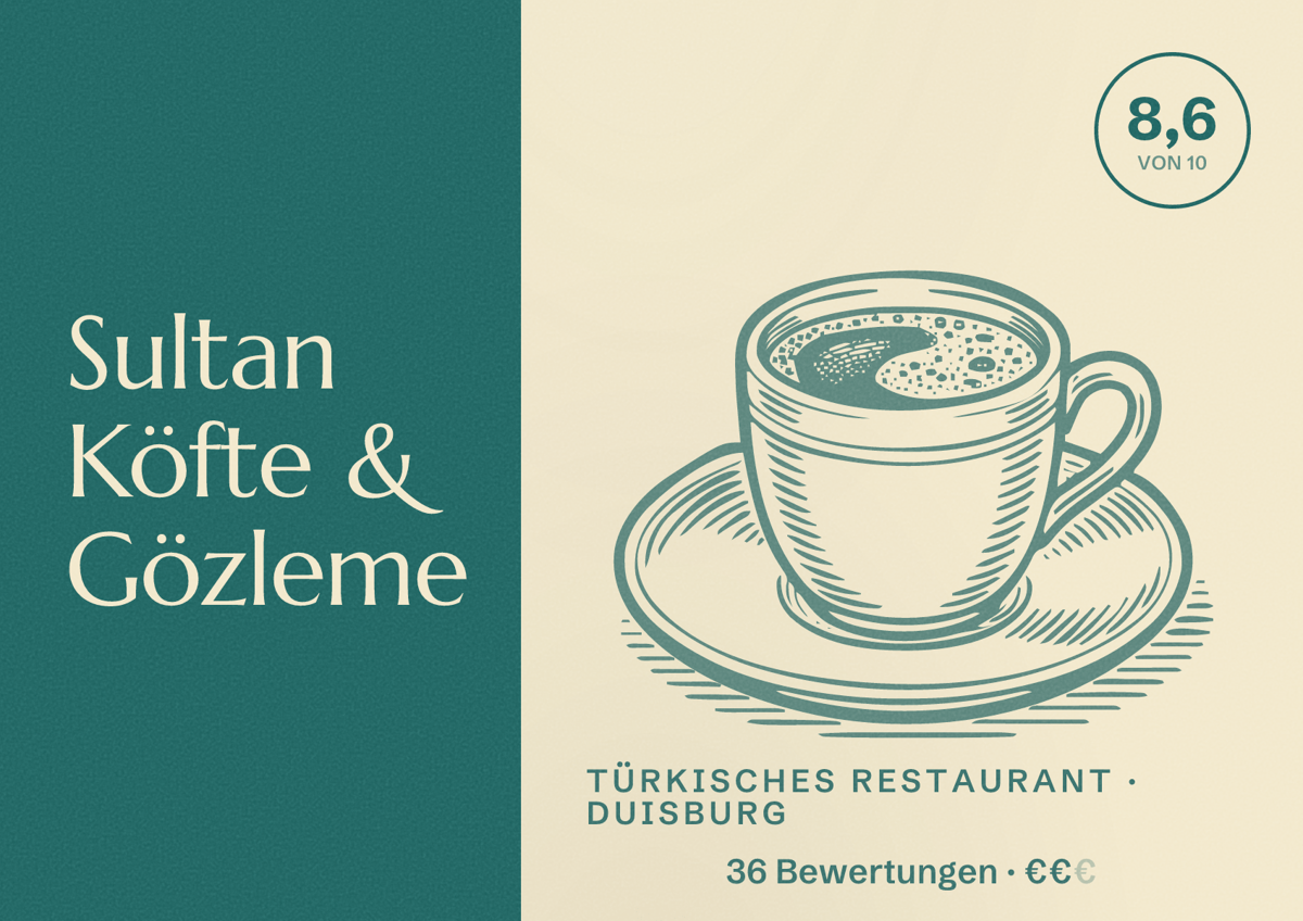 Illustriertes Poster von Sultan Köfte & Gözleme, Türkisches Restaurant in Duisburg: Bewertung 8,6 von 10 aus 36 Bewertungen, Preisniveau €€