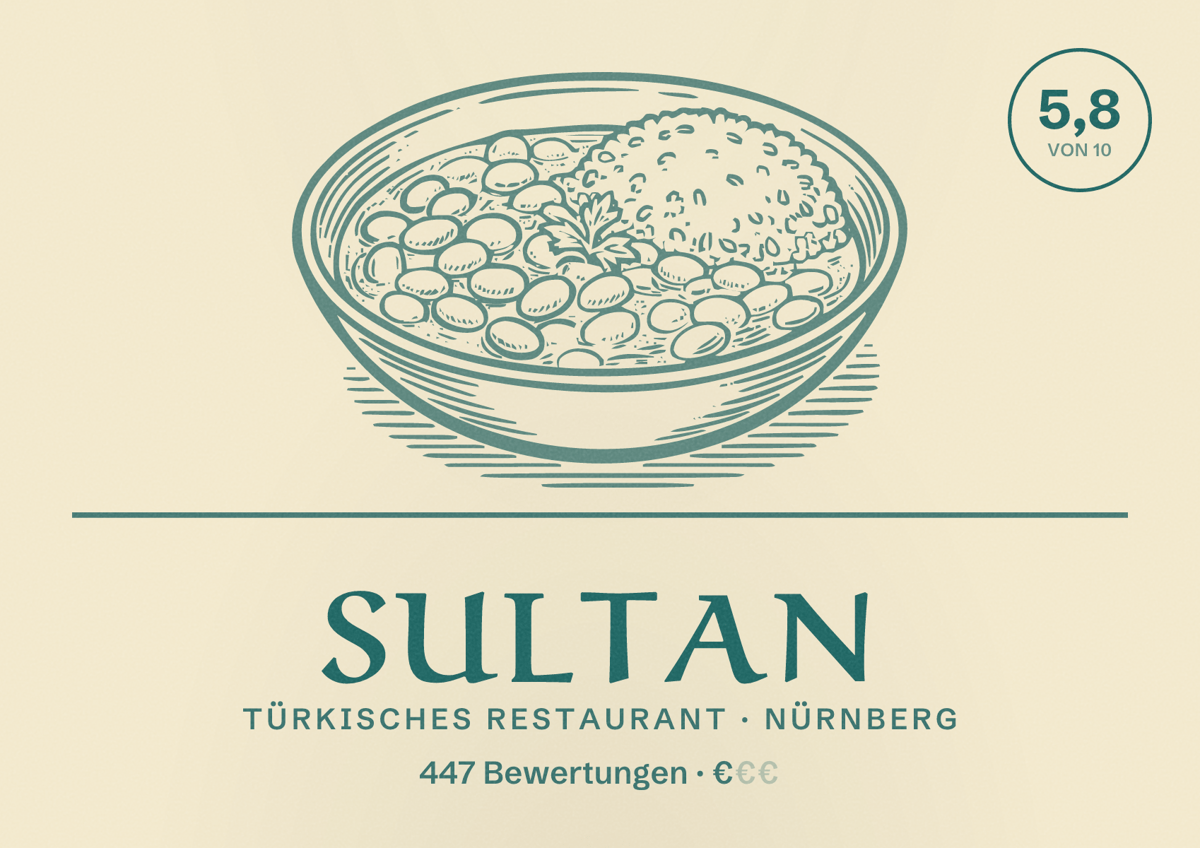 Illustriertes Poster von Sultan, Türkisches Restaurant in Nürnberg: Gästebewertung 5,8 von 10 aus 447 Bewertungen