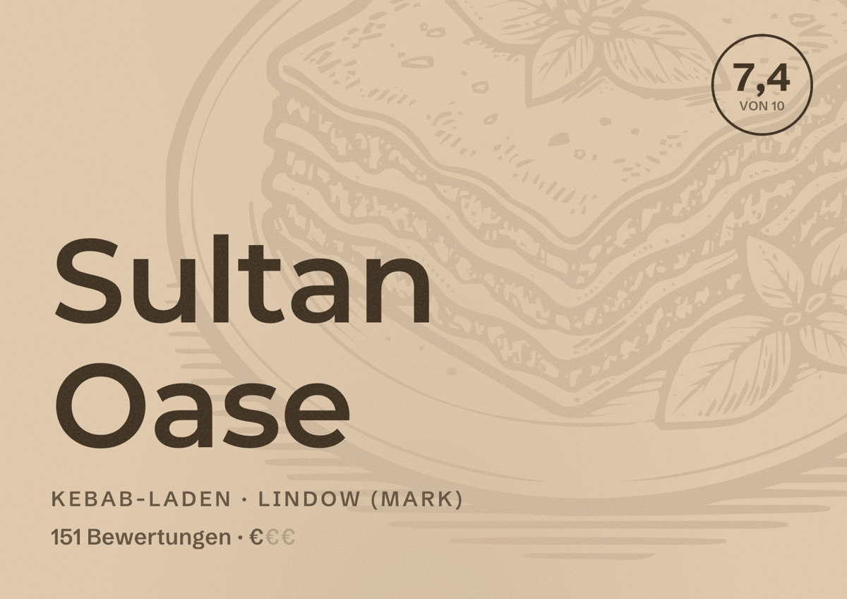 Illustriertes Poster von Sultan Oase, Kebab-Laden in Lindow (Mark): Bewertung 7,4 von 10 aus 151 Bewertungen, Preisniveau €