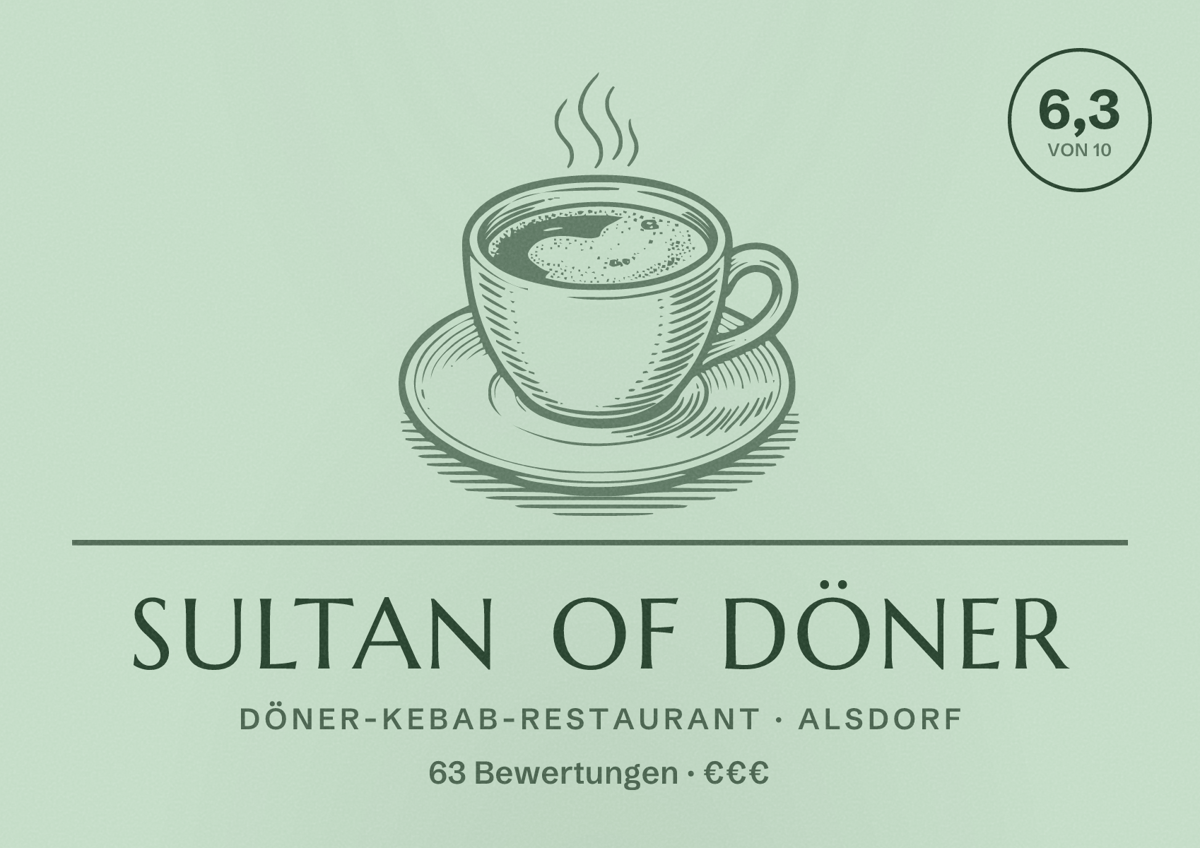 Illustriertes Poster von Sultan of döner, Döner-Kebab-Restaurant in Alsdorf: Bewertung 6,3 von 10 aus 63 Bewertungen, Preisniveau €€€