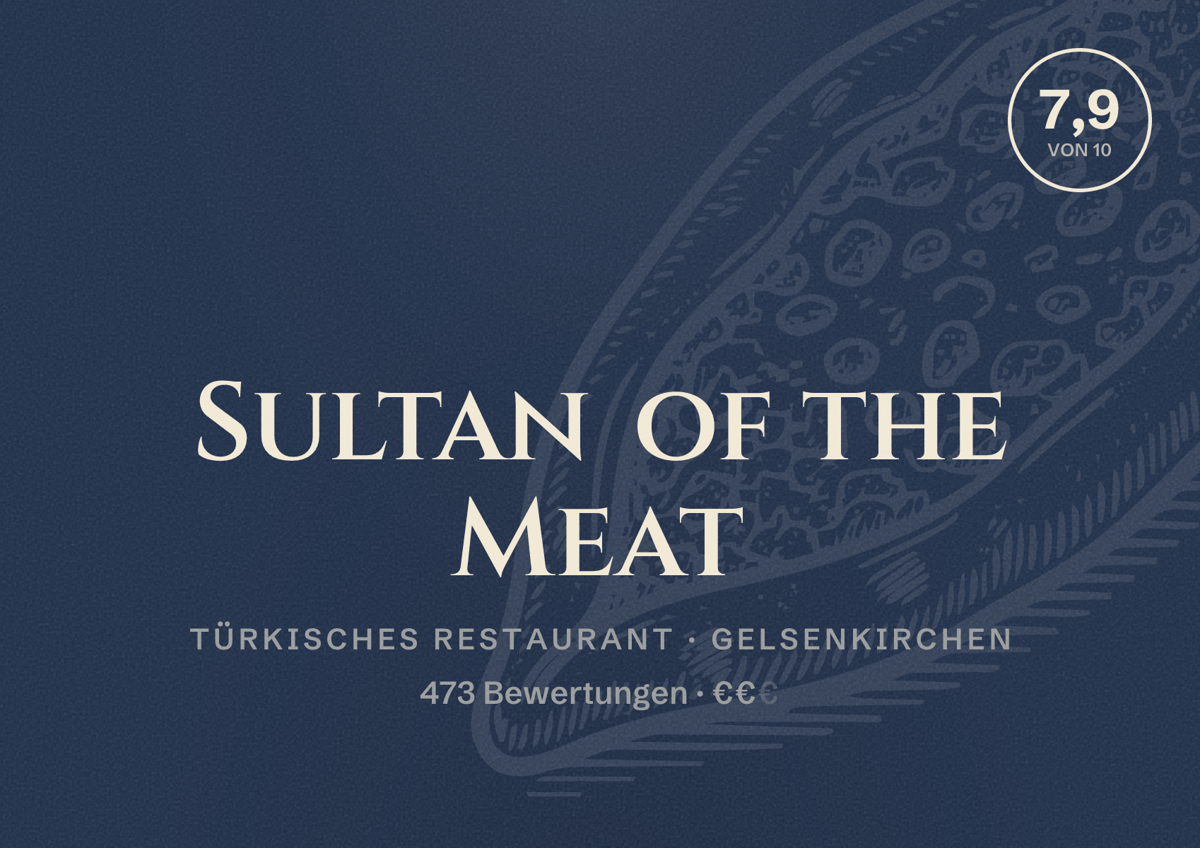 Illustriertes Poster von Sultan of the Meat, Türkisches Restaurant in Gelsenkirchen: Gästebewertung 7,9 von 10 aus 473 Bewertungen