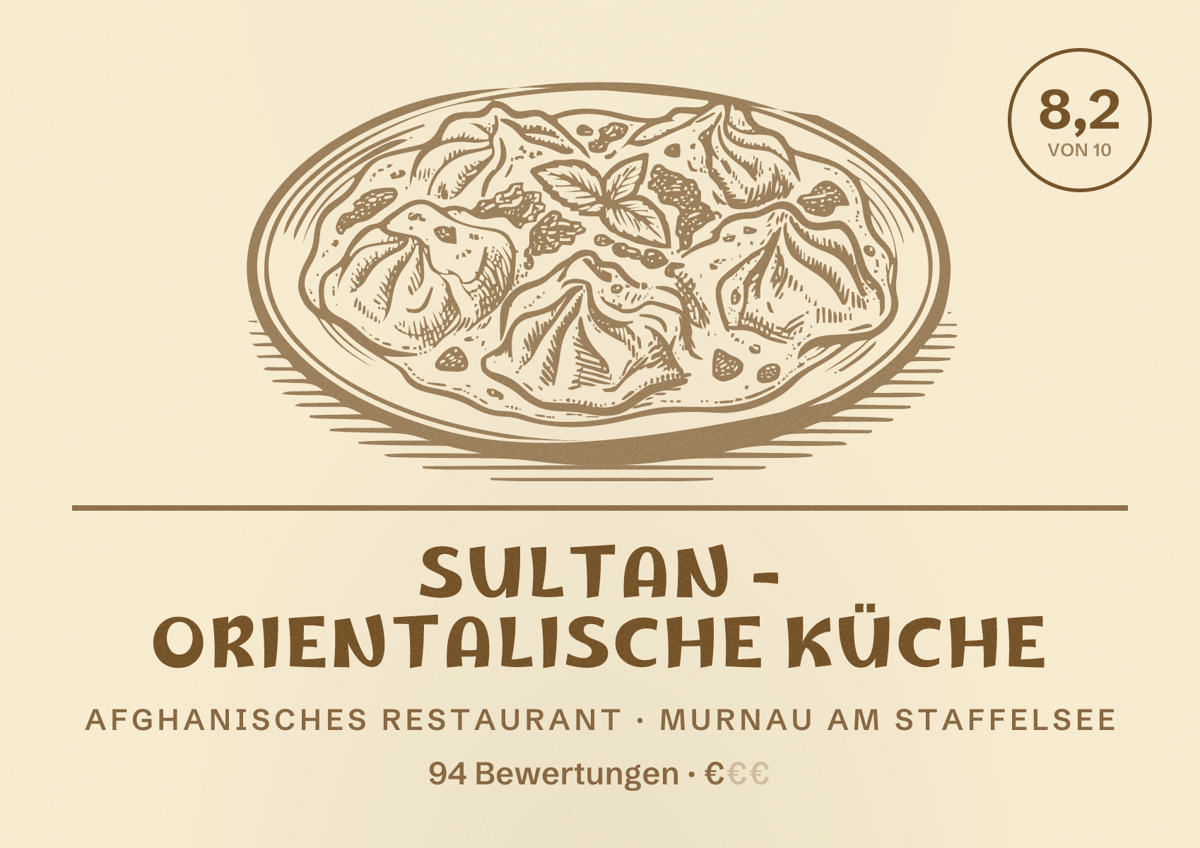 Illustriertes Poster von Sultan - Orientalische Küche, Afghanisches Restaurant in Murnau am Staffelsee: Bewertung 8,2 von 10 aus 94 Bewertungen, Preisniveau €