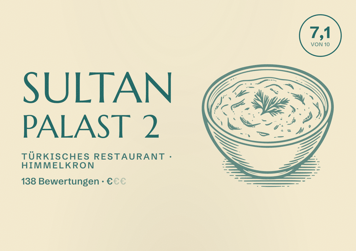 Illustriertes Poster von Sultan Palast 2, Türkisches Restaurant in Himmelkron: Bewertung 7,1 von 10 aus 138 Bewertungen, Preisniveau €