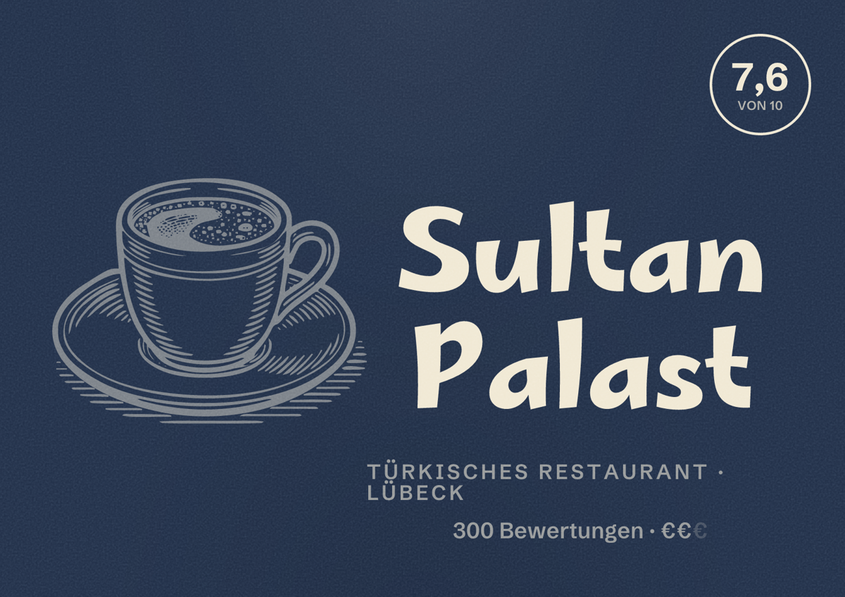 Illustriertes Poster von Sultan Palast, Türkisches Restaurant in Lübeck: Bewertung 7,6 von 10 aus 300 Bewertungen, Preisniveau €€