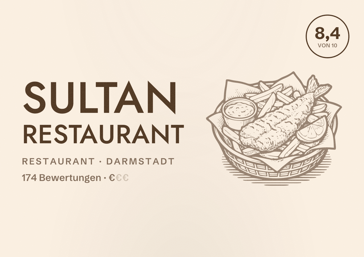 Illustriertes Poster von Sultan Restaurant, Restaurant in Darmstadt: Bewertung 8,4 von 10 aus 174 Bewertungen, Preisniveau €