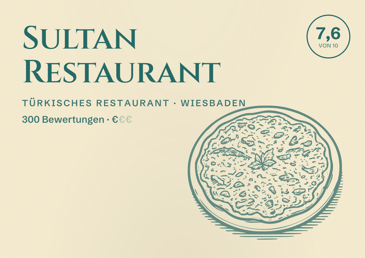 Illustriertes Poster von Sultan Restaurant, Türkisches Restaurant in Wiesbaden: Bewertung 7,6 von 10 aus 300 Bewertungen, Preisniveau €