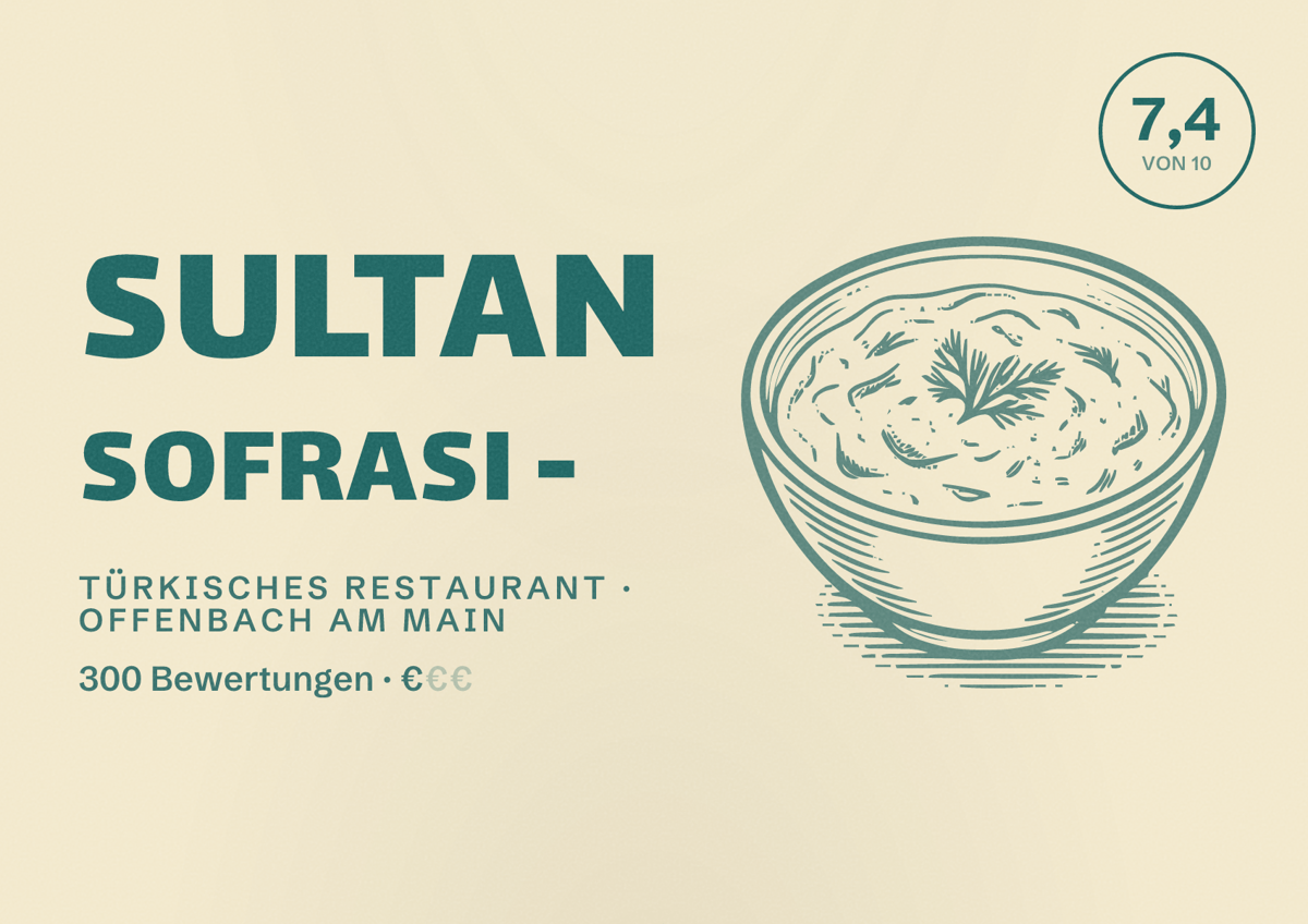 Illustriertes Poster von Sultan Sofrasi -, Türkisches Restaurant in Offenbach am Main: Bewertung 7,4 von 10 aus 300 Bewertungen, Preisniveau €