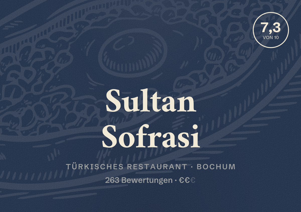 Illustriertes Poster von Sultan Sofrasi, Türkisches Restaurant in Bochum: Bewertung 7,3 von 10 aus 263 Bewertungen, Preisniveau €€