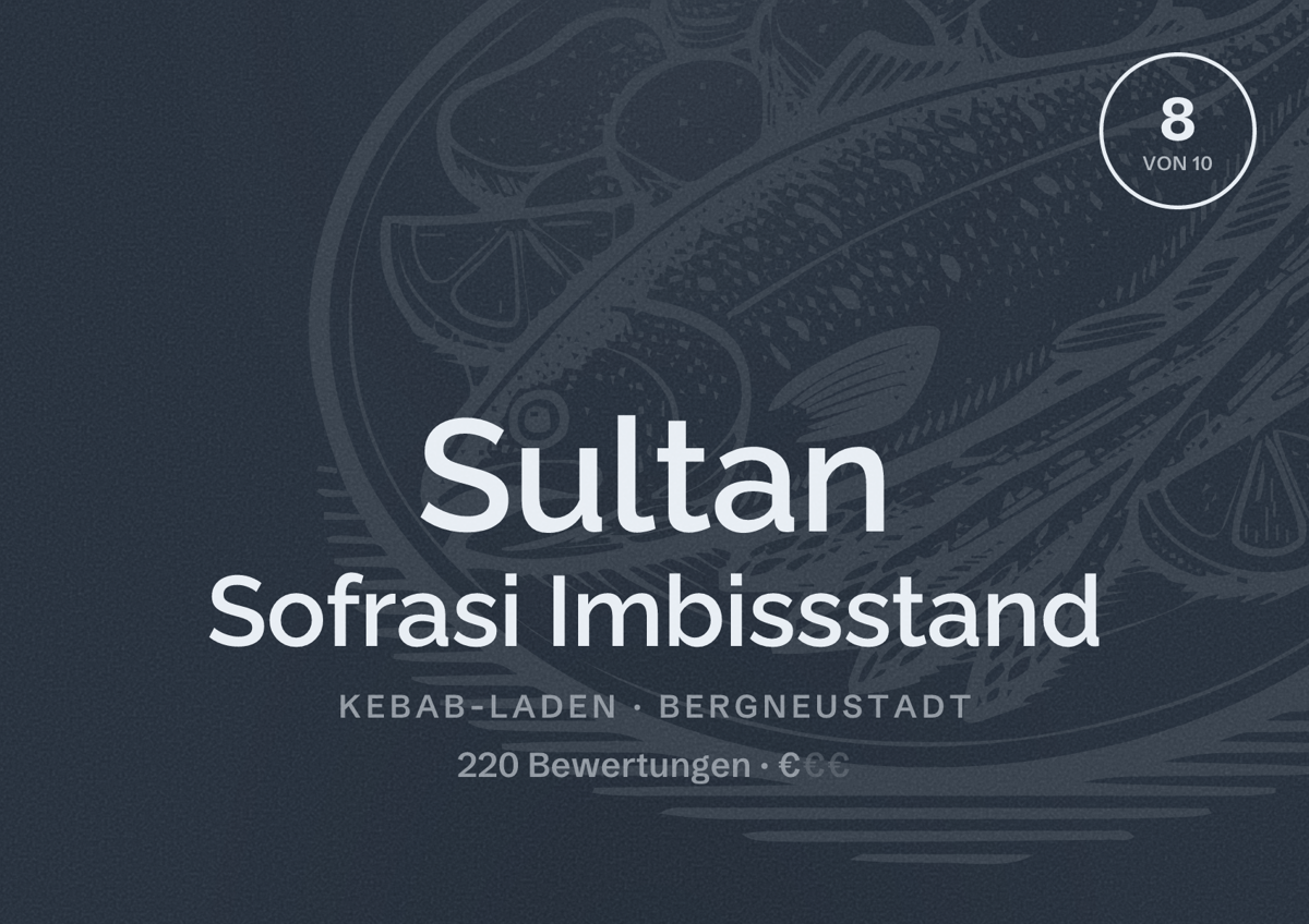 Illustriertes Poster von Sultan Sofrasi Imbissstand, Kebab-Laden in Bergneustadt: Bewertung 8 von 10 aus 220 Bewertungen, Preisniveau €