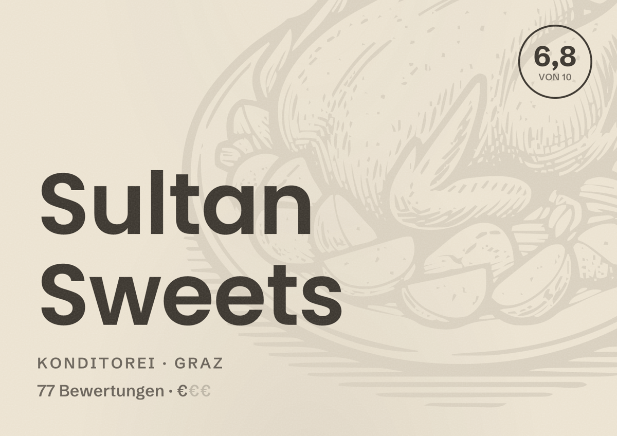 Illustriertes Poster von Sultan Sweets, Konditorei in Graz: Bewertung 6,8 von 10 aus 77 Bewertungen, Preisniveau €