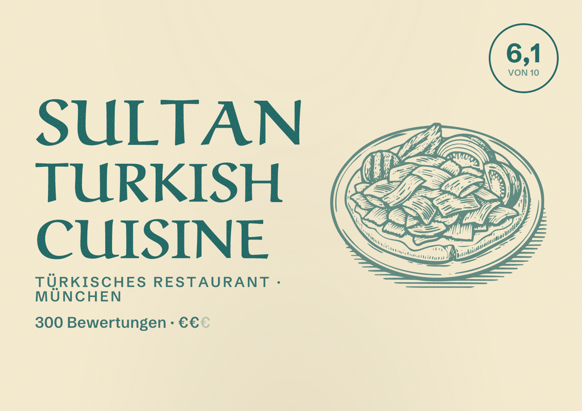 Illustriertes Poster von Sultan Turkish Cuisine, Türkisches Restaurant in München: Bewertung 6,1 von 10 aus 300 Bewertungen, Preisniveau €€