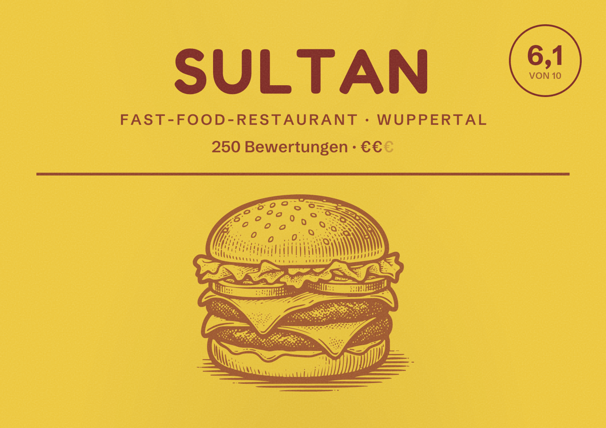 Illustriertes Poster von Sultan, Fast-Food-Restaurant in Wuppertal: Bewertung 6,1 von 10 aus 250 Bewertungen, Preisniveau €€