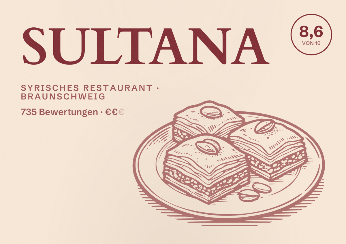 Illustriertes Poster von SULTANA, Syrisches Restaurant in Braunschweig: Gästebewertung 8,6 von 10 aus 735 Bewertungen