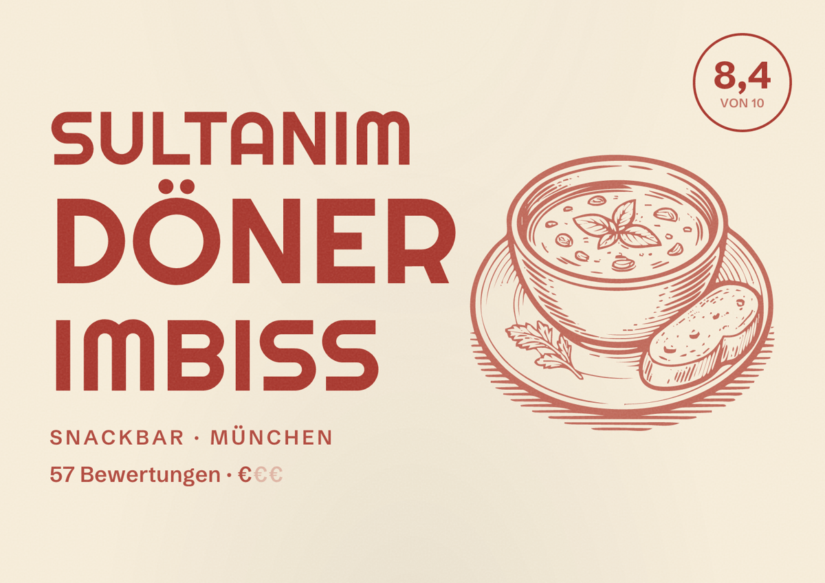 Illustriertes Poster von Sultanım Döner Imbıss, Snackbar in München: Bewertung 8,4 von 10 aus 57 Bewertungen, Preisniveau €