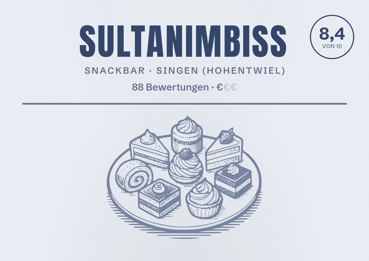 Illustriertes Poster von Sultanimbiss, Snackbar in Singen (Hohentwiel): Bewertung 8,4 von 10 aus 88 Bewertungen, Preisniveau €