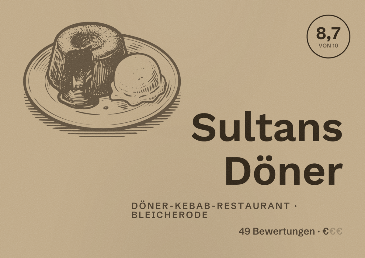 Illustriertes Poster von Sultans Döner, Döner-Kebab-Restaurant in Bleicherode: Bewertung 8,7 von 10 aus 49 Bewertungen, Preisniveau €