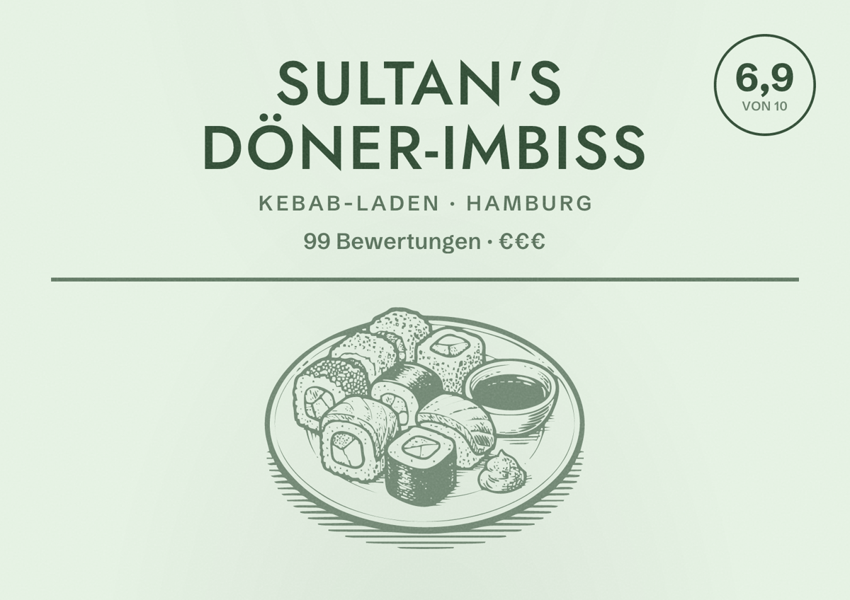 Illustriertes Poster von Sultan's Döner-Imbiss, Kebab-Laden in Hamburg: Bewertung 6,9 von 10 aus 99 Bewertungen, Preisniveau €€€