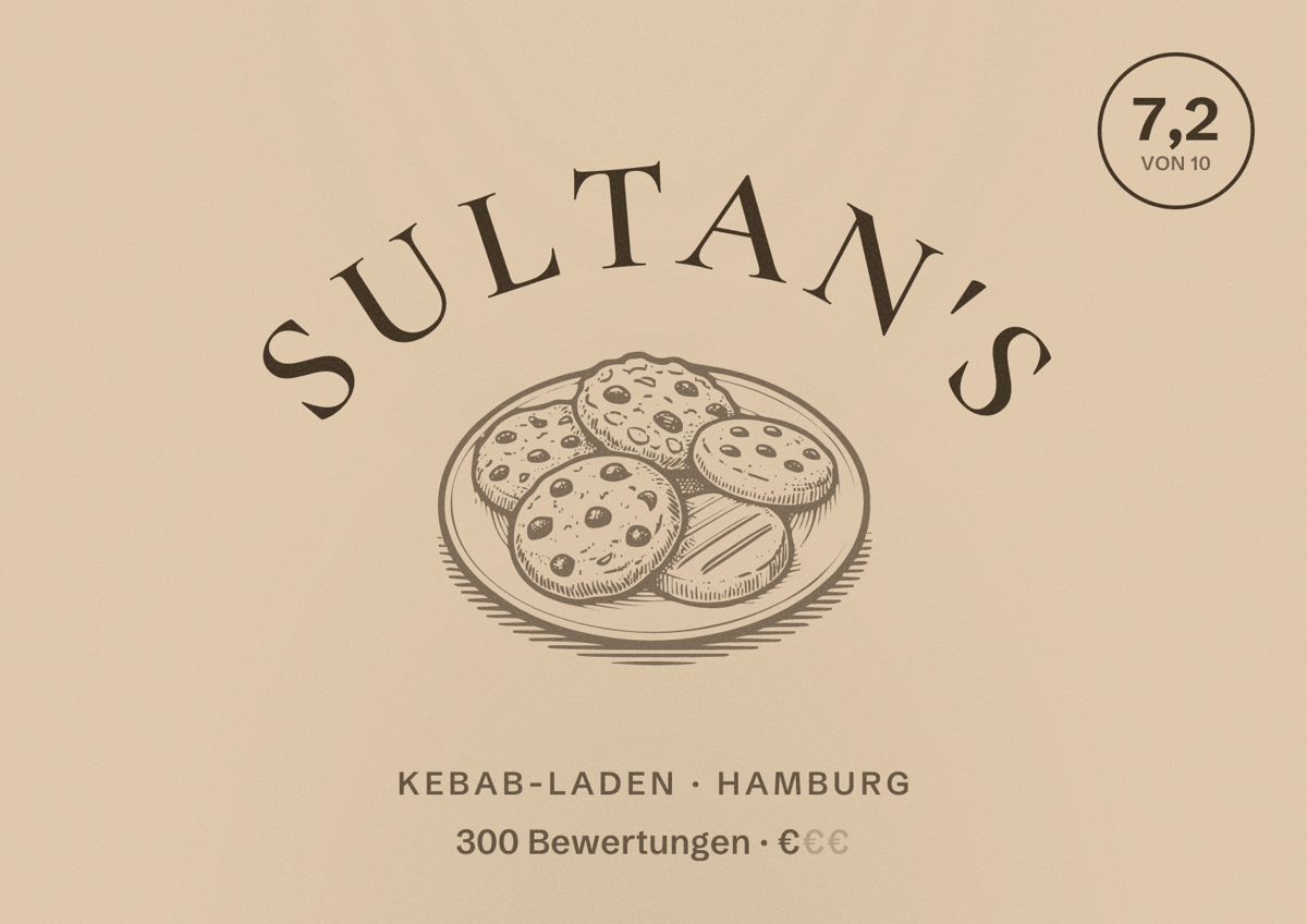 Illustriertes Poster von Sultan's, Kebab-Laden in Hamburg: Bewertung 7,2 von 10 aus 300 Bewertungen, Preisniveau €